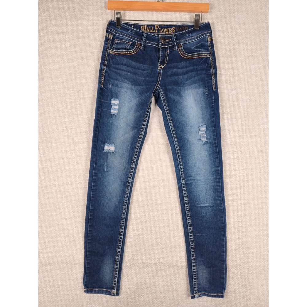 WallFlower Vintage Womens Size 3‎ Skinny Jeans Medium Wash Distressed Sequin